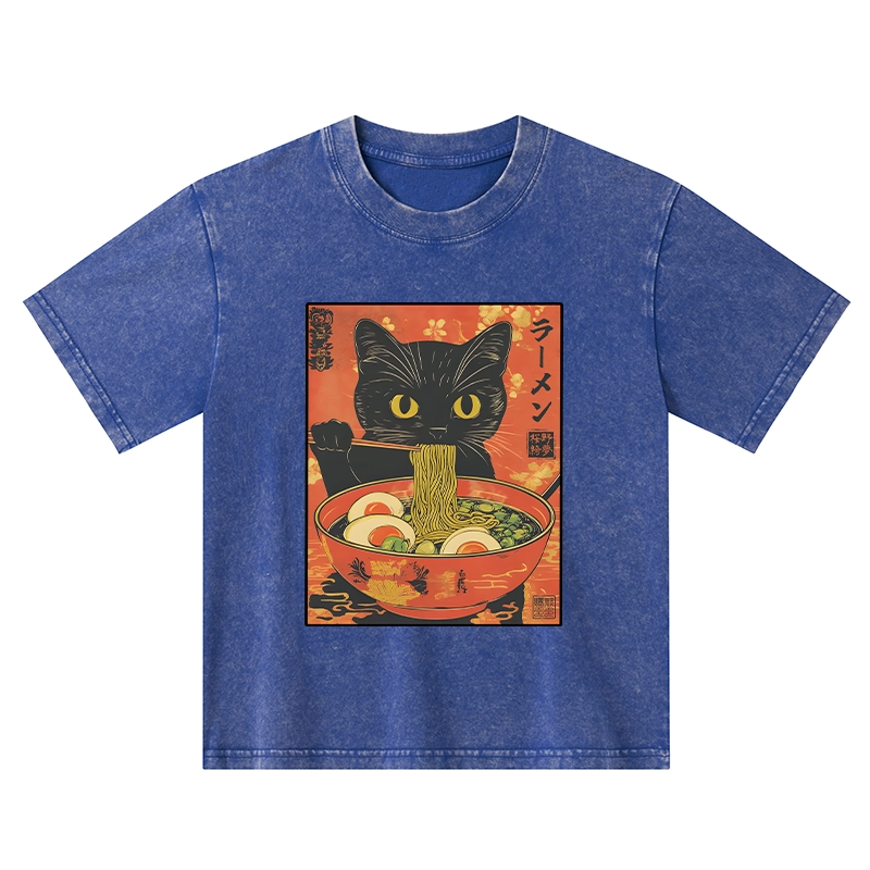 Tokyo-Tiger Hungry Black Cat Loves Ramen Kids Washed T-Shirt