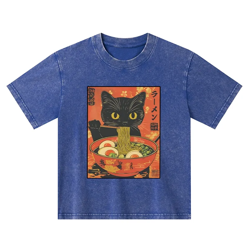 Tokyo-Tiger Hungry Black Cat Loves Ramen Kids Washed T-Shirt