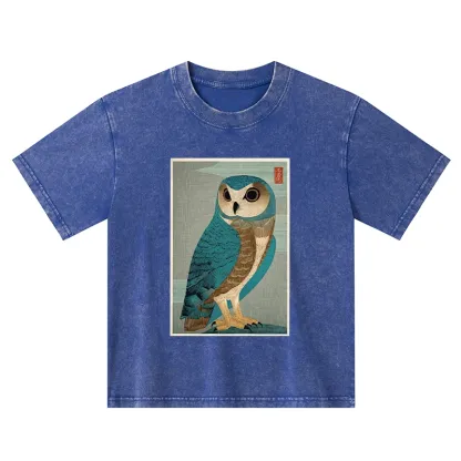 Tokyo-Tiger Vintage Owl Woodblock Art Kids Washed T-Shirt