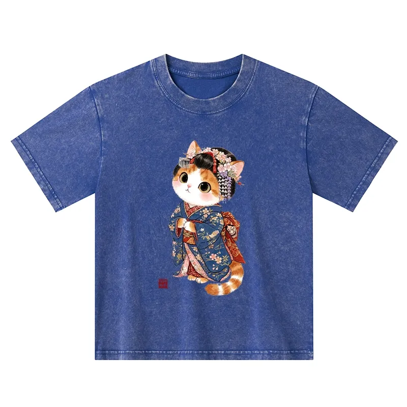 Tokyo-Tiger Cat Dressed As A Geisha Funny Kids Washed T-Shirt