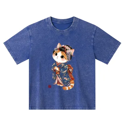 Tokyo-Tiger Cat Dressed As A Geisha Funny Kids Washed T-Shirt