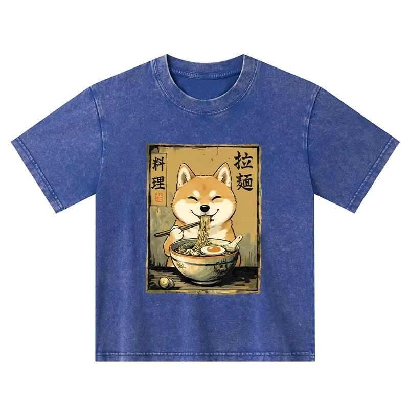 Tokyo-Tiger Happy Shiba Eating Ramen Kids Washed T-Shirt