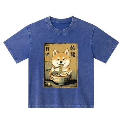 Tokyo-Tiger Happy Shiba Eating Ramen Kids Washed T-Shirt