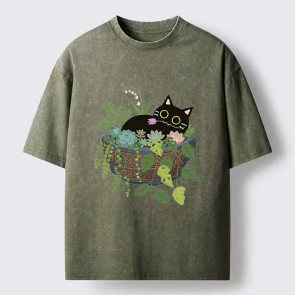 Tokyo-Tiger Cat Relaxing Inside Flower Pot Washed T-Shirt
