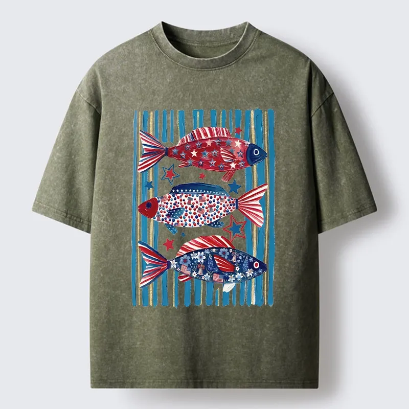 Tokyo-Tiger Vibrant Independence Day Star Decorated Fish Washed T-Shirt