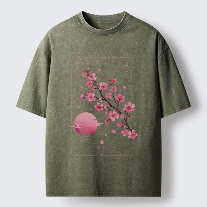 Tokyo-Tiger Sakura Moon Japanese Vintage Washed T-Shirt Sale