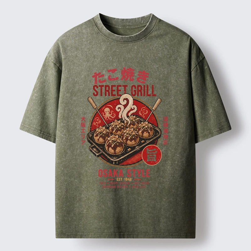 Tokyo-Tiger Osaka Takoyaki Street Grill Art Washed T-Shirt
