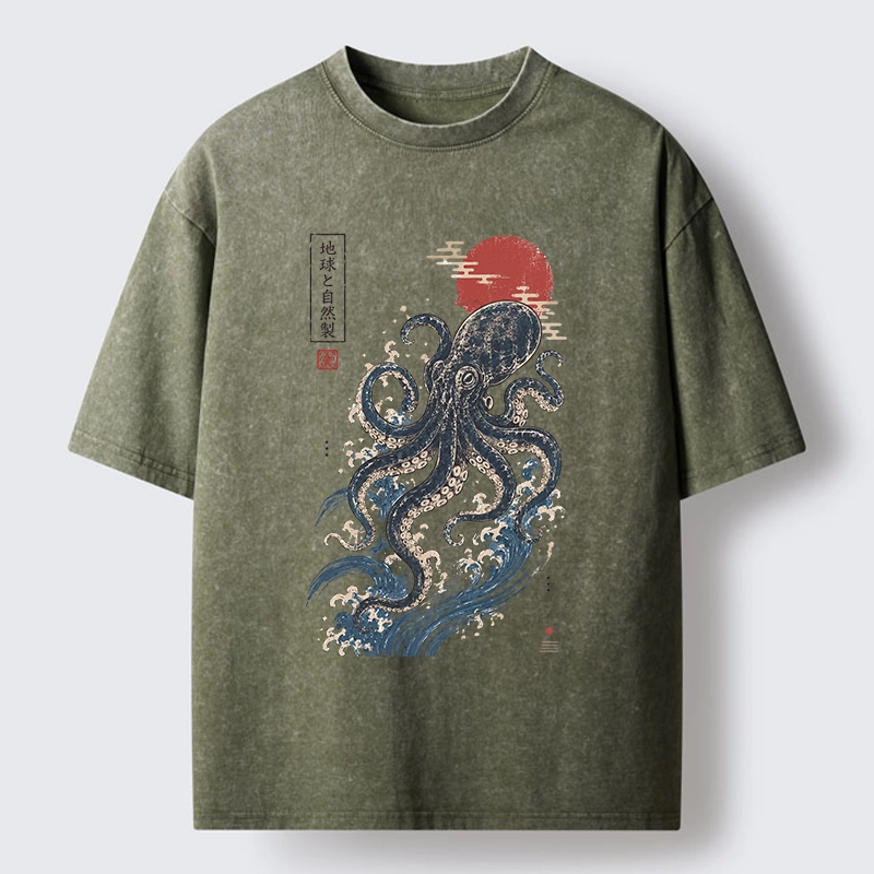 Tokyo-Tiger Traditional Japanese Wave Red Sun Octopus Washed T-Shirt