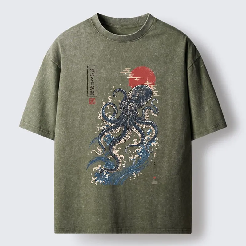 Tokyo-Tiger Traditional Japanese Wave Red Sun Octopus Washed T-Shirt Sale