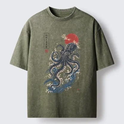 Tokyo-Tiger Traditional Japanese Wave Red Sun Octopus Washed T-Shirt