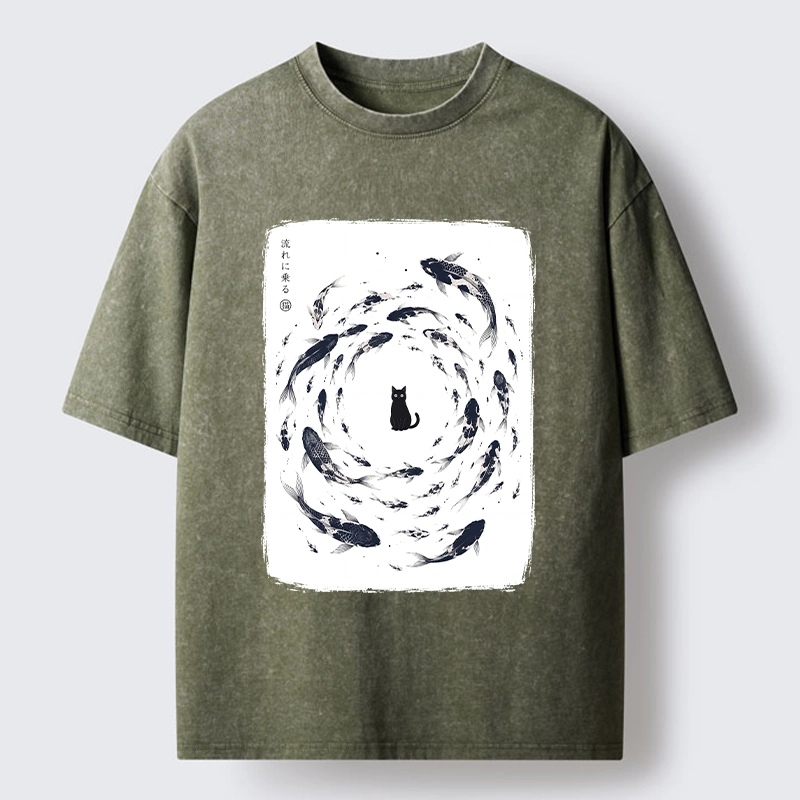 Tokyo-Tiger Traditional Japanese Carp Circle Cat Washed T-Shirt