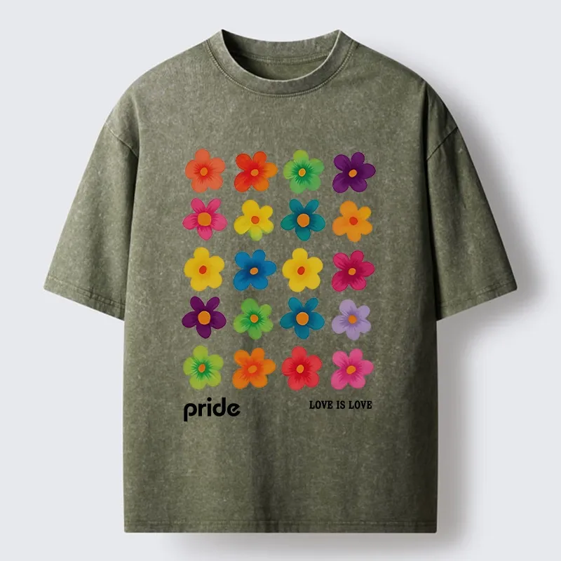 Tokyo-Tiger Colorful Flower Grid For Pride Month Washed T-Shirt