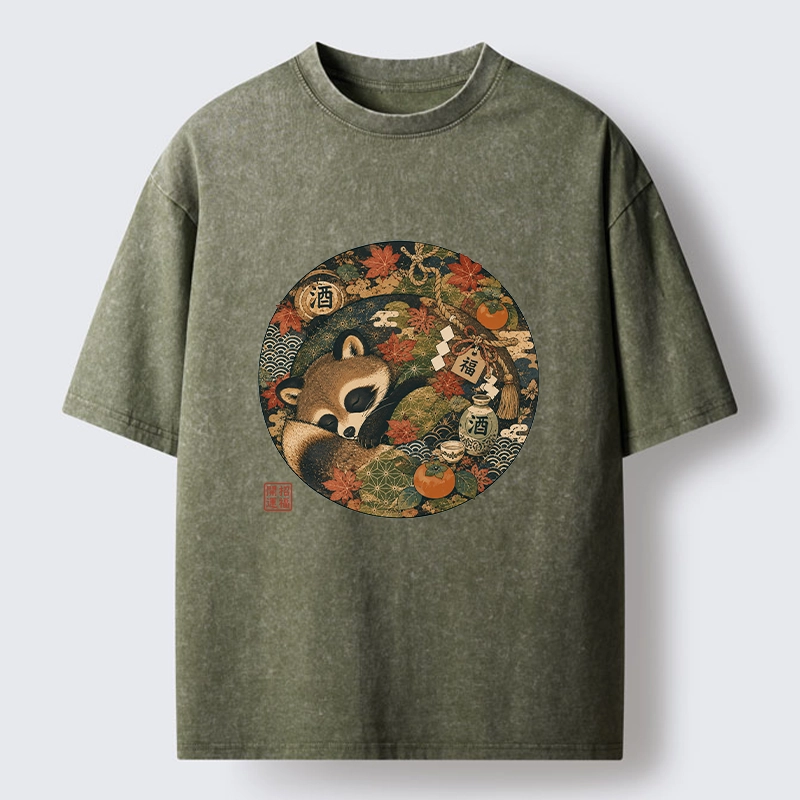 Tokyo-Tiger Sleepy Raccoon Enjoys Autumn Sake Break Washed T-Shirt