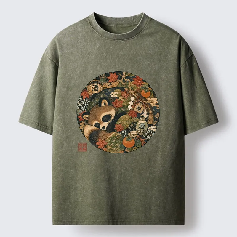 Tokyo-Tiger Sleepy Raccoon Enjoys Autumn Sake Break Washed T-Shirt
