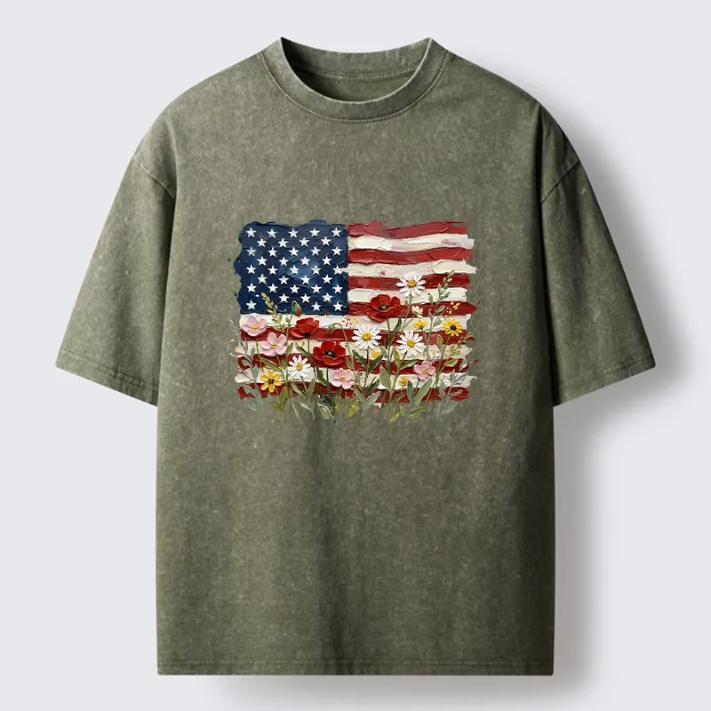 Tokyo-Tiger Floral Accents On Textured Flag Art Washed T-Shirt