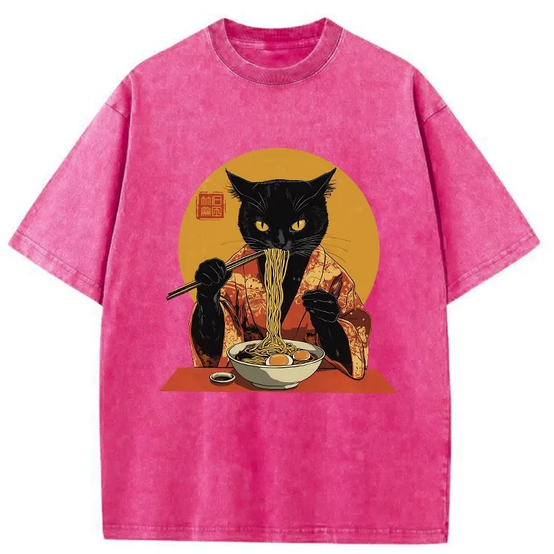 Tokyo-Tiger Ramen-obsessed Cat Washed T-Shirt