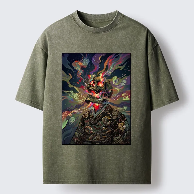 Tokyo-Tiger Colorful Flame Spirits Around Dead Head Washed T-Shirt