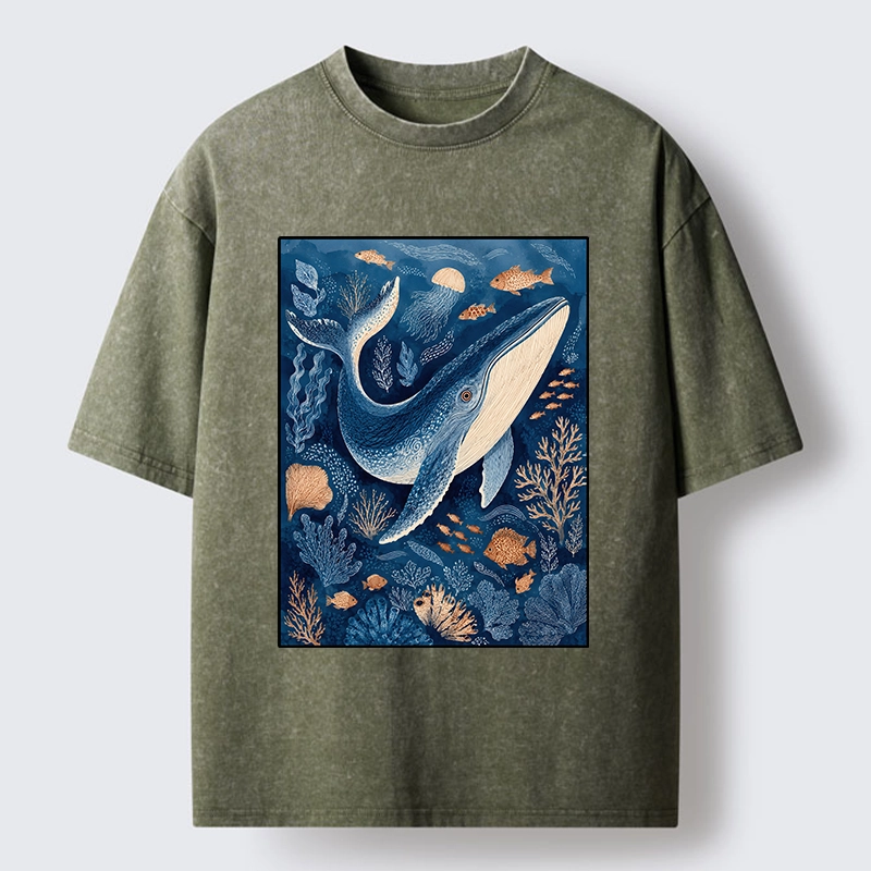 Tokyo-Tiger Blue Whale Under The Sea Washed T-Shirt