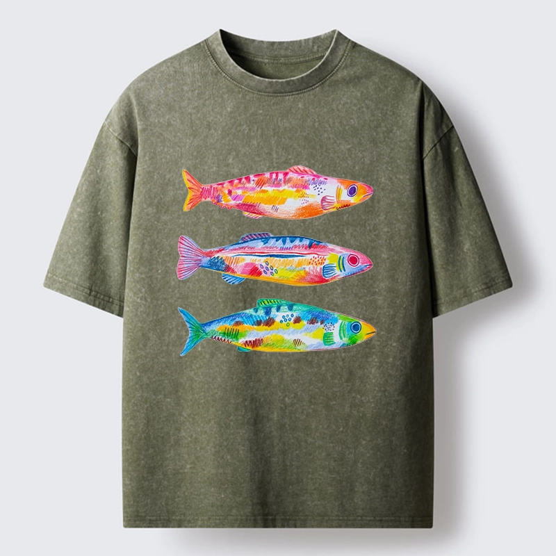 Tokyo-Tiger Colorful Hand Drawn Fish Washed T-Shirt