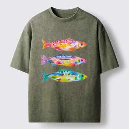 Tokyo-Tiger Colorful Hand Drawn Fish Washed T-Shirt