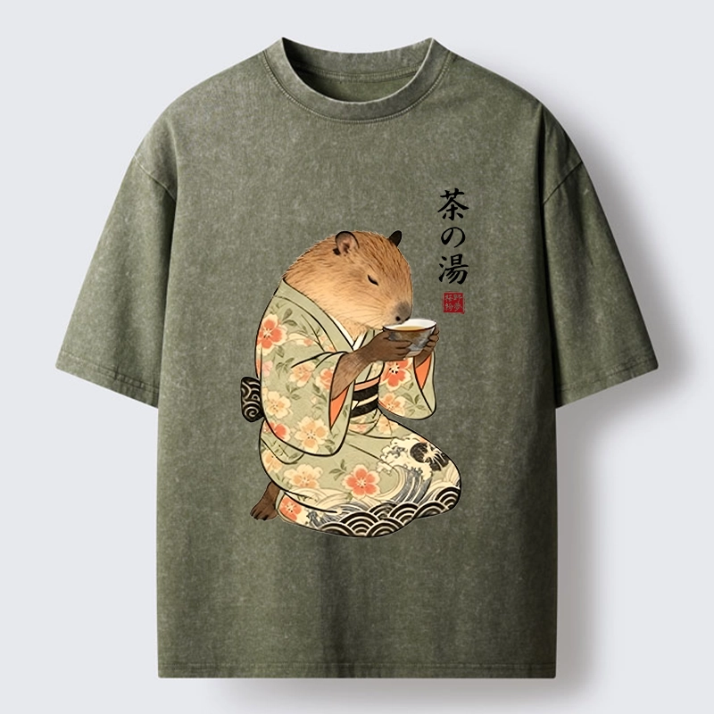 Tokyo-Tiger Capybara Drinking Tea In Kimono Washed T-Shirt