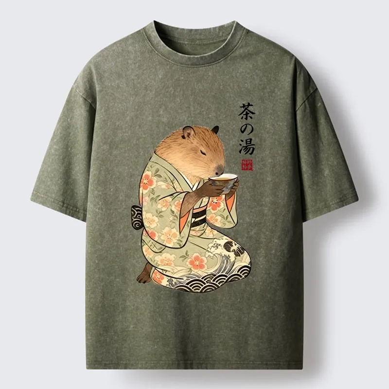 Tokyo-Tiger Capybara Drinking Tea In Kimono Washed T-Shirt