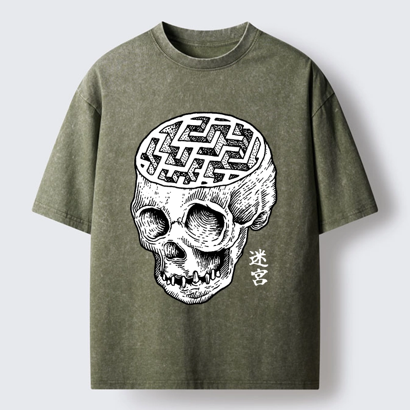 Tokyo-Tiger Skull With Brain Maze Washed T-Shirt