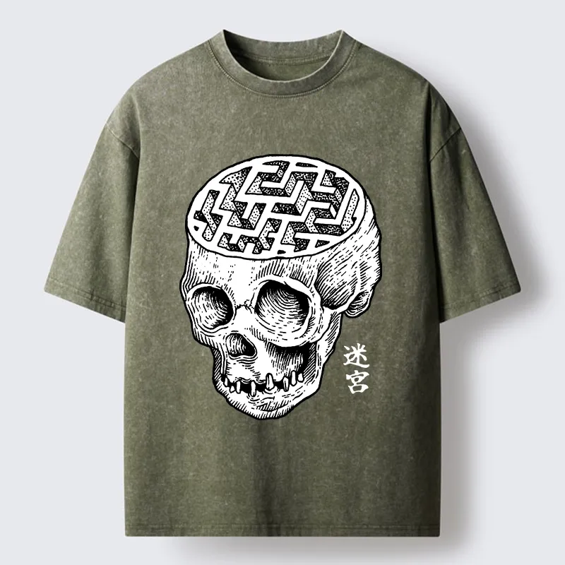 Tokyo-Tiger Skull With Brain Maze Washed T-Shirt