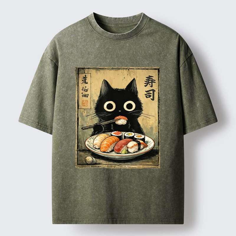 Tokyo-Tiger Vintage Japanese Sushi Cat Washed T-Shirt