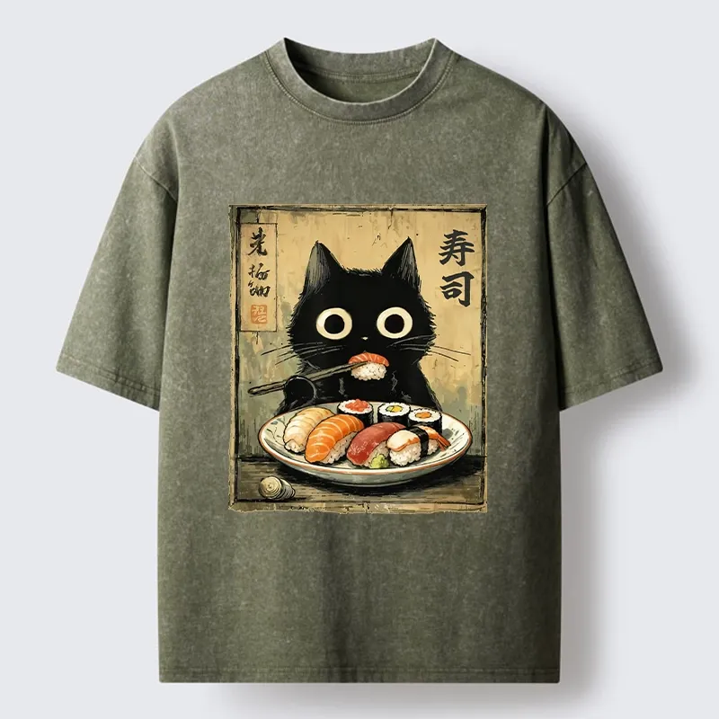 Tokyo-Tiger Vintage Japanese Sushi Cat Washed T-Shirt