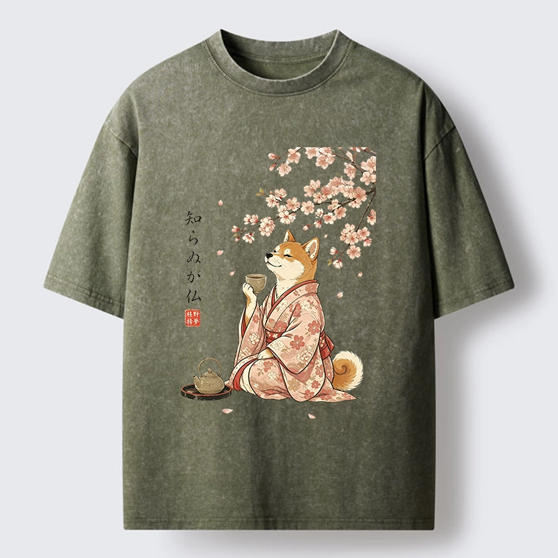 Tokyo-Tiger Japanese Kimono Shiba Tea Time Washed T-Shirt