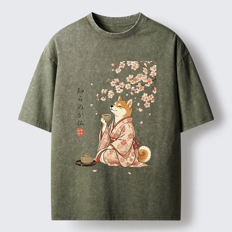 Tokyo-Tiger Japanese Kimono Shiba Tea Time Washed T-Shirt