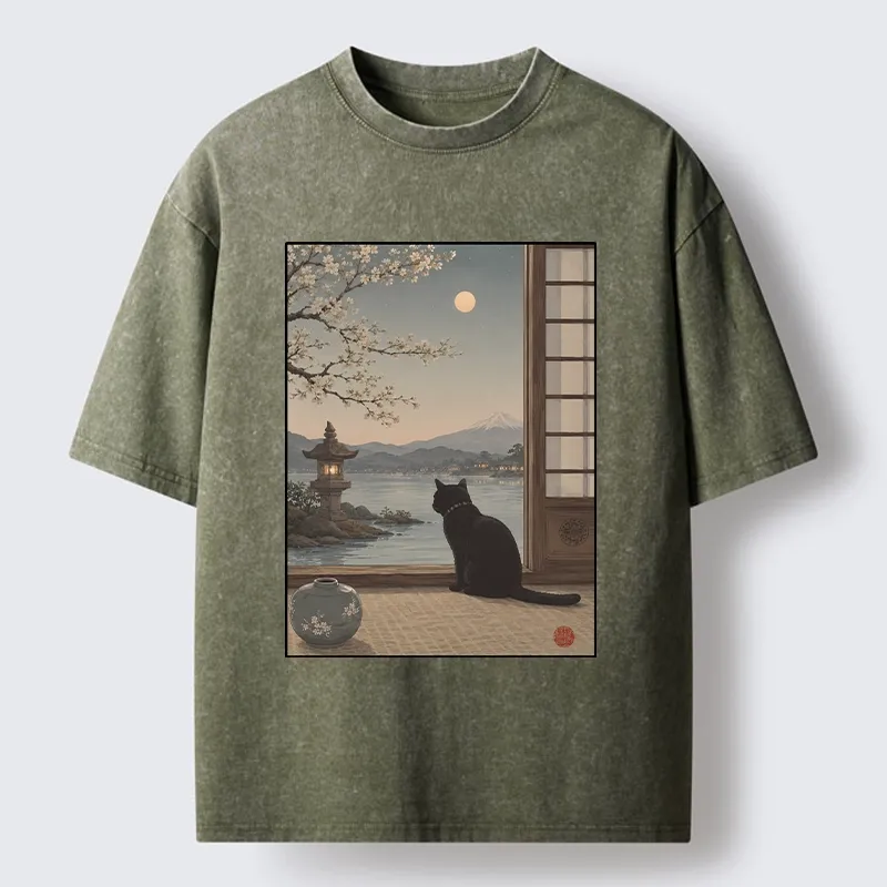 Tokyo-Tiger Black Cat Watching Mount Fuji At Night Washed T-Shirt