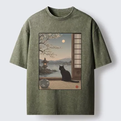 Tokyo-Tiger Black Cat Watching Mount Fuji At Night Washed T-Shirt