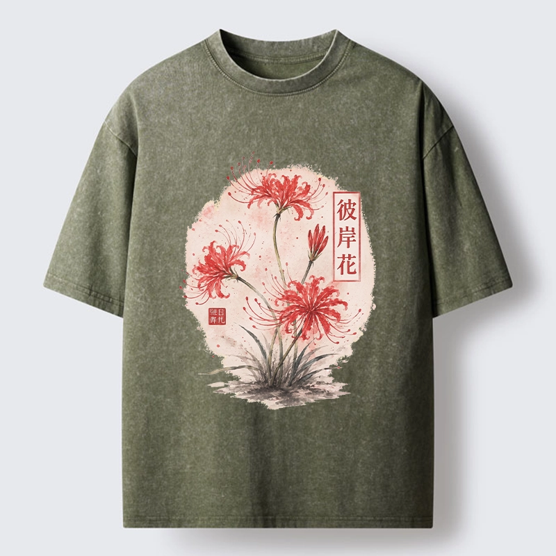 Tokyo-Tiger Red Spider Lily Watercolor Painting Washed T-Shirt