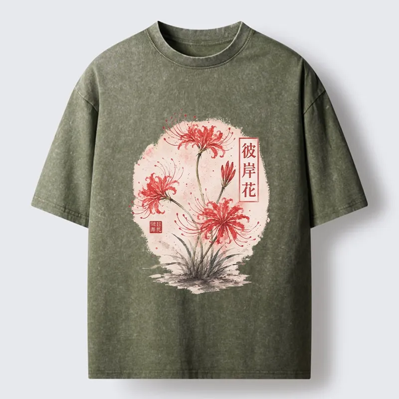 Tokyo-Tiger Red Spider Lily Watercolor Painting Washed T-Shirt