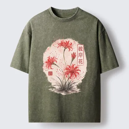 Tokyo-Tiger Red Spider Lily Watercolor Painting Washed T-Shirt
