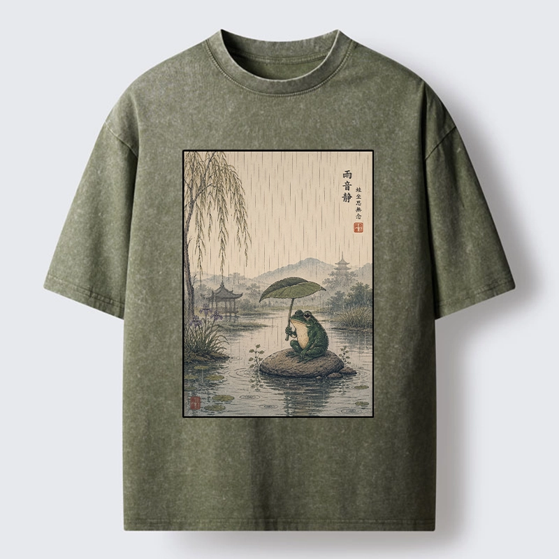 Tokyo-Tiger Frog Holding Lotus Leaf In The Rain Washed T-Shirt