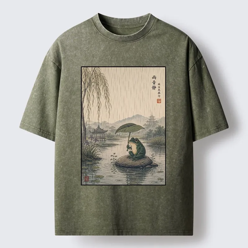 Tokyo-Tiger Frog Holding Lotus Leaf In The Rain Washed T-Shirt