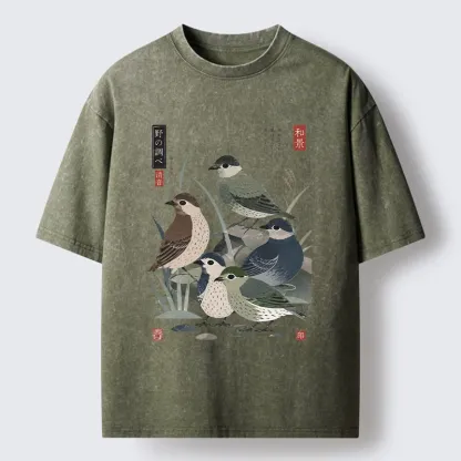 Tokyo-Tiger Cute Little Birds Japanese Folk Print Washed T-Shirt