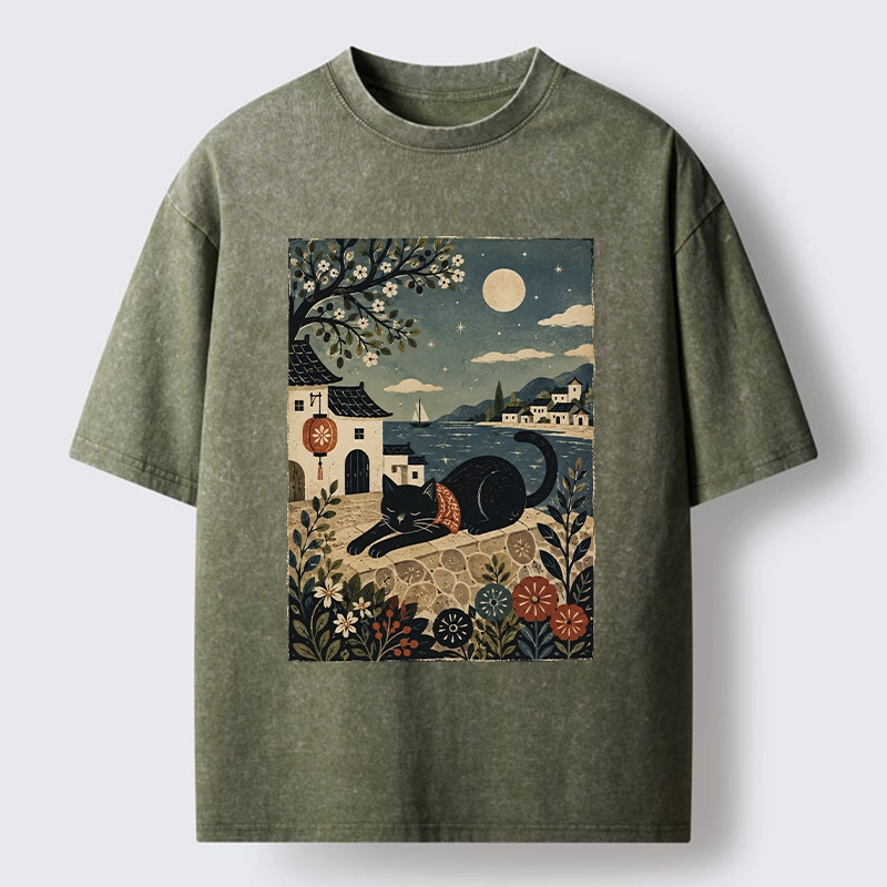 Tokyo-Tiger Sleepy Cat In A Coastal Town Washed T-Shirt