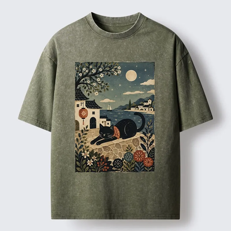 Tokyo-Tiger Sleepy Cat In A Coastal Town Washed T-Shirt