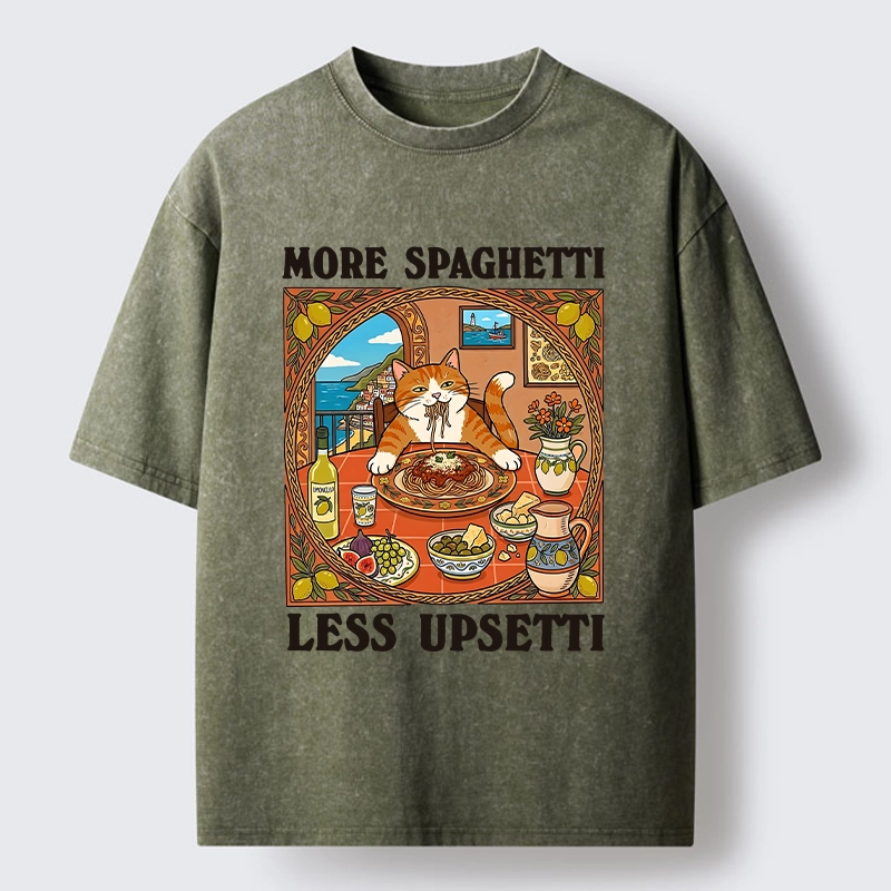 Tokyo-Tiger Cat Eating Spaghetti With Joy Washed T-Shirt