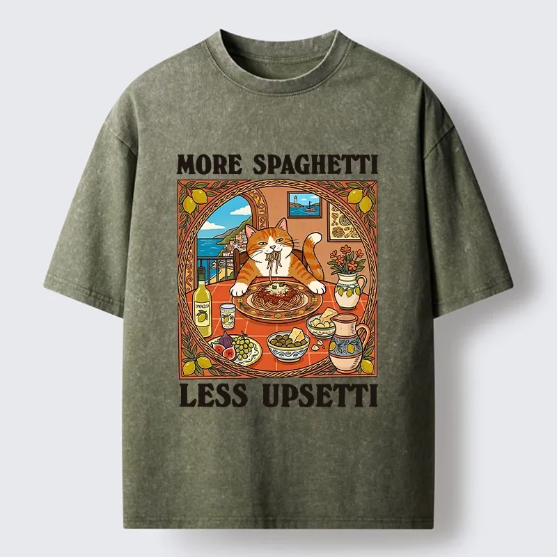 Tokyo-Tiger Cat Eating Spaghetti With Joy Washed T-Shirt