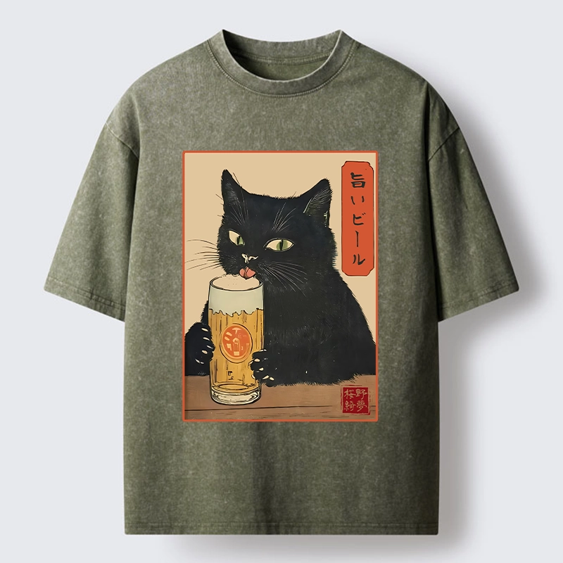 Tokyo-Tiger Cat Holding A Glass Of Beer Washed T-Shirt