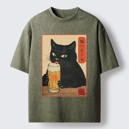 Tokyo-Tiger Cat Holding A Glass Of Beer Washed T-Shirt