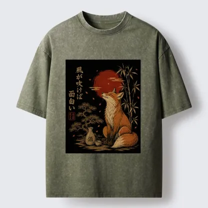 Tokyo-Tiger Zen Fox Enjoying The Night Air Washed T-Shirt