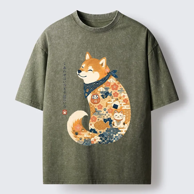 Tokyo-Tiger Cute Shiba Inu Wearing Traditional Kimono Washed T-Shirt