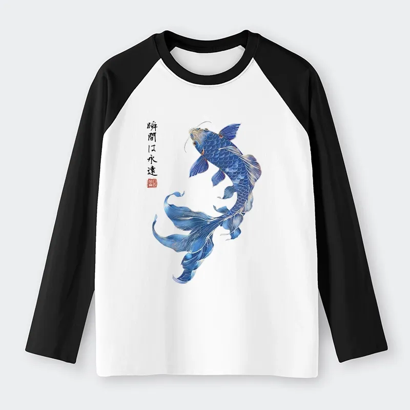 Tokyo-Tiger Lucky Blue Koi Fish Art Raglan Long Sleeve T-shirt