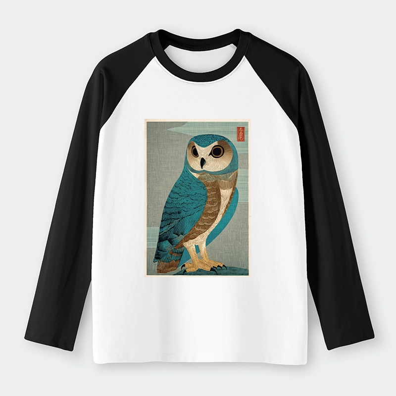Tokyo-Tiger Vintage Owl Woodblock Art Raglan Long Sleeve T-shirt